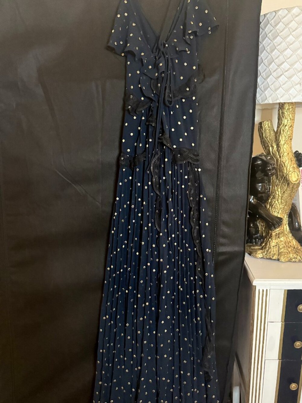 Beautiful Topshop Black Net Ruffled Dress with Gold Polka Dots